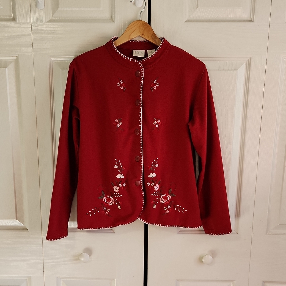 Vintage Erika Womens Dark Red Button Down Jacket Cardigan Size LG Embroidered